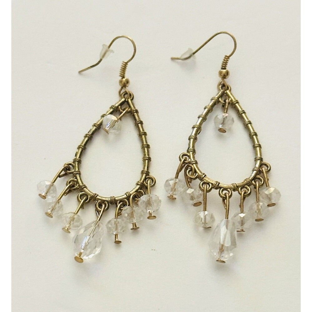 Gold Tone Wire Wrapped Teardrop Earrings Clear Crystal LikeBead Dangles Boho